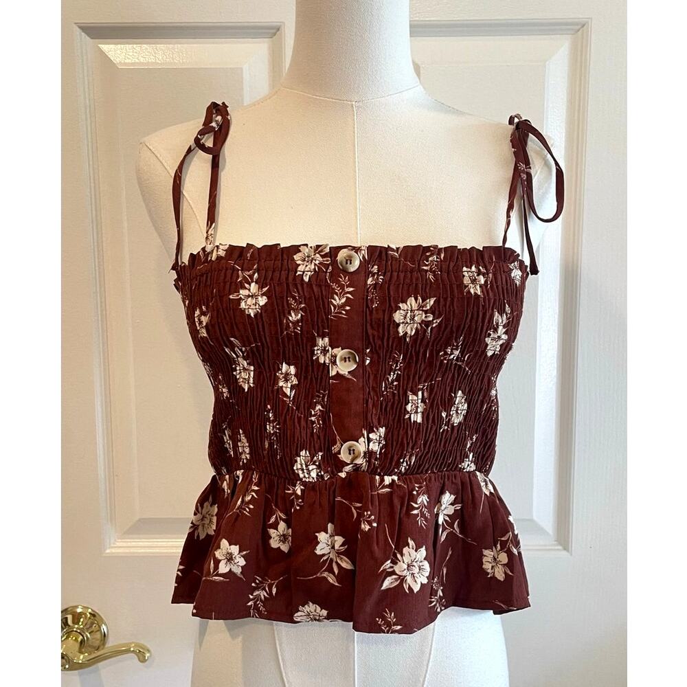Paper Crane Floral Brown Cropped Ruched Peplum Tank Top Size Medium